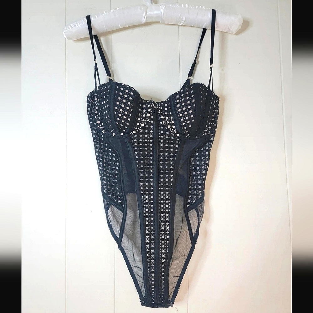 Victoria's Secret Strappy Fishnet Mesh Bodysuit Lingerie Black 34B